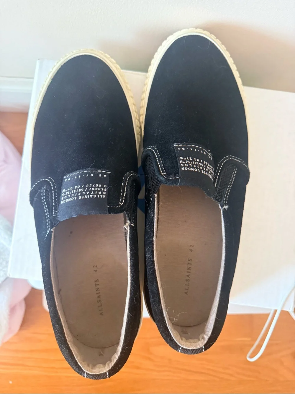 All Saints Black Canvas Slip-On Loafers with Cream Ribbed Soles